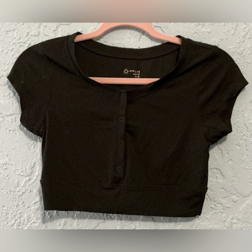 Offline by Aerie Real Me Black Button-Up Henley Crop Top